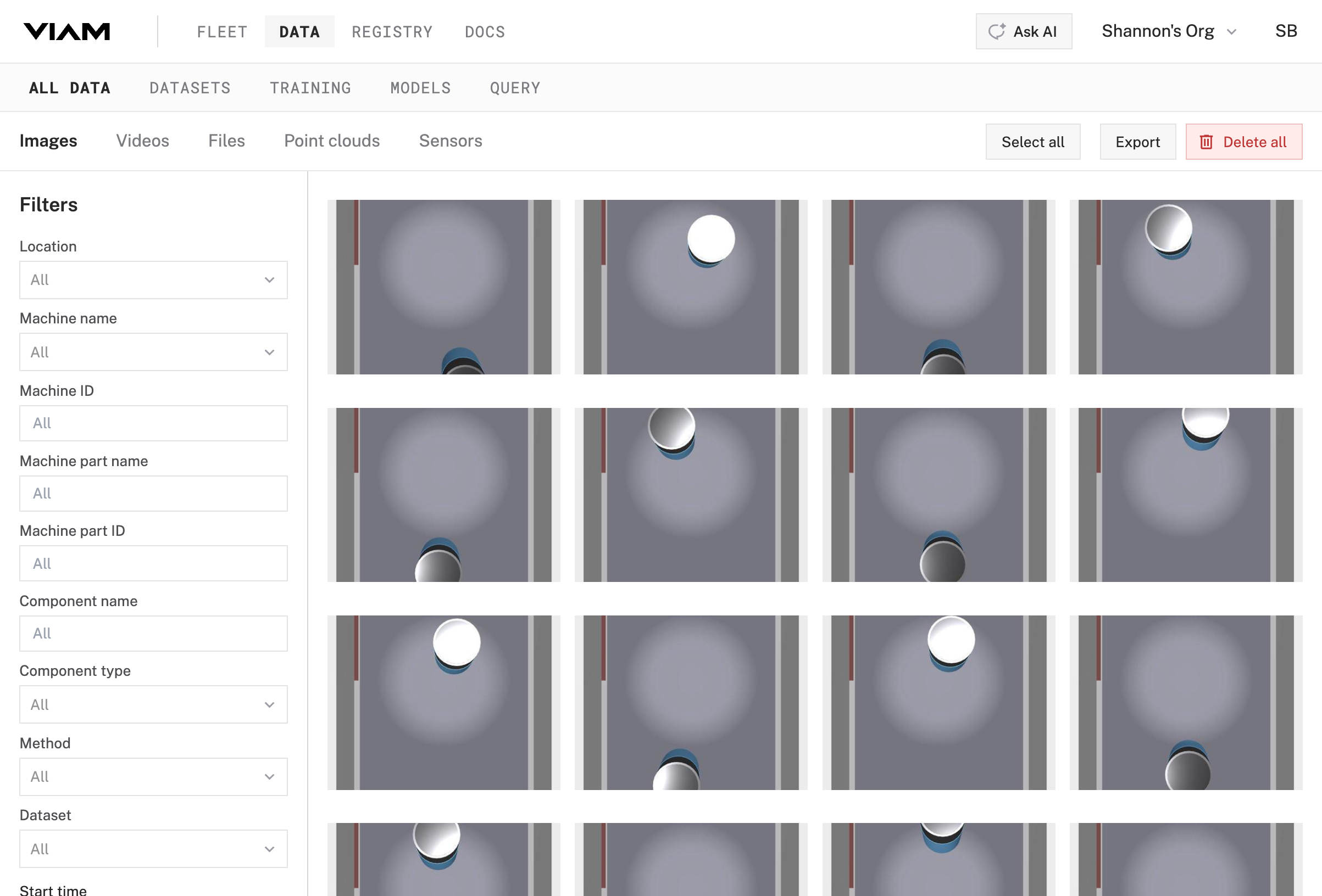 Data tab showing a grid of captured images from the inspection camera.